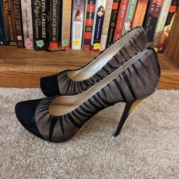 JEAN-MICHEL cazabat horn stilleto heel suede cap toe black mesh overlay  sz 38.5 - Picture 9 of 9